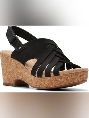 Clarks Collection Black Suede Cork Wedge Slingback Sandals Size 10M